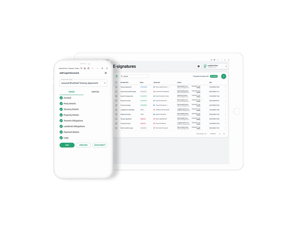 Screenshot of Landlord Vision listing all esignatures that have been collected and screenshot of the legal document centre.