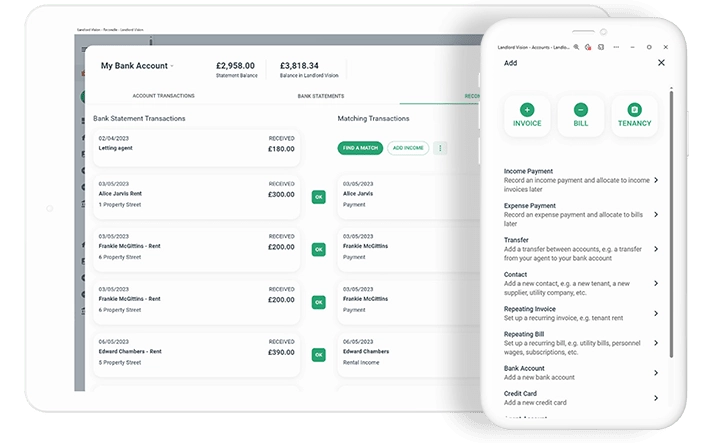 Screenshot showing the bank reconciliation feature in Landlord Vision and screenshot showing the add accounting details.