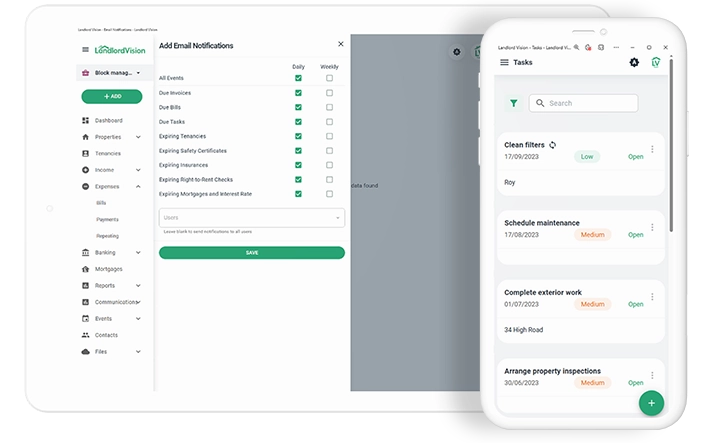 Screenshot showing how to choose what alerts you get via email in Landlord Vision and a task management view.