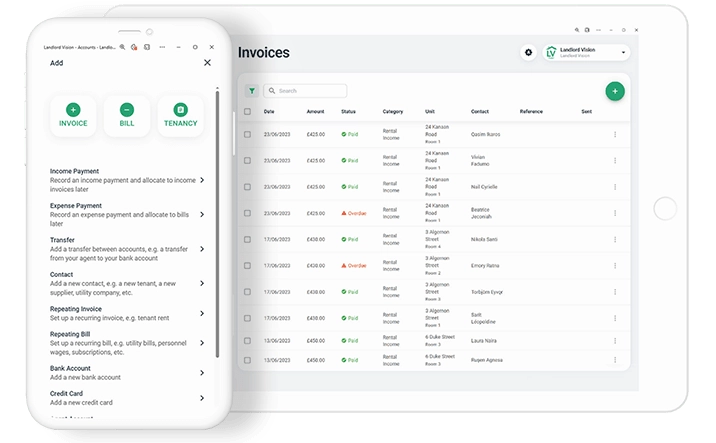 Screenshot showing the invoices page of Landlord Vision. Second screenshot lets you add accounting information.