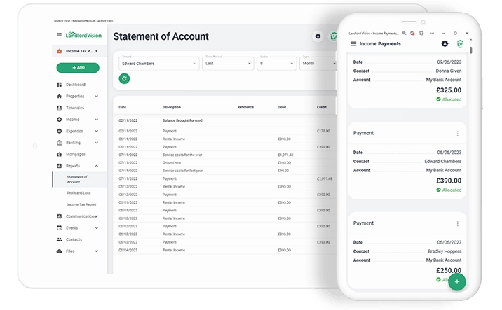 Software screenshot showing income payments in Landlord Vision and screenshot showing the statement of accounts.