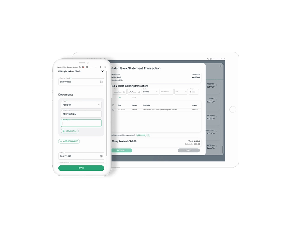 Software screenshots of the right to rent feature in Landlord Vision and the matching bank statement transaction feature.