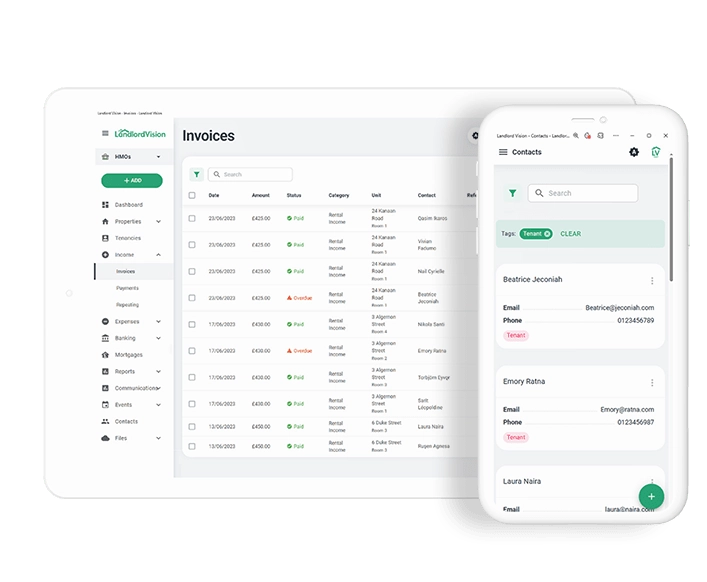 Software screenshot of list of saved contacts in Landlord Vision and screenshot of the invoices summary page.