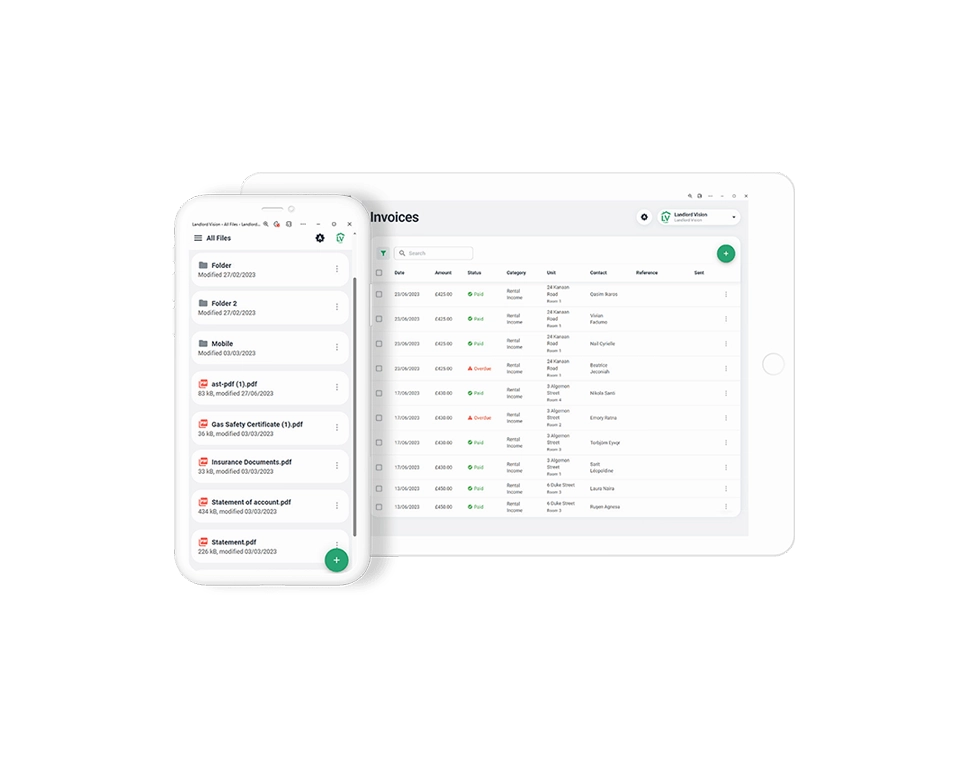 Software screenshot of Landlord Visions invoice page and a list view of property files.