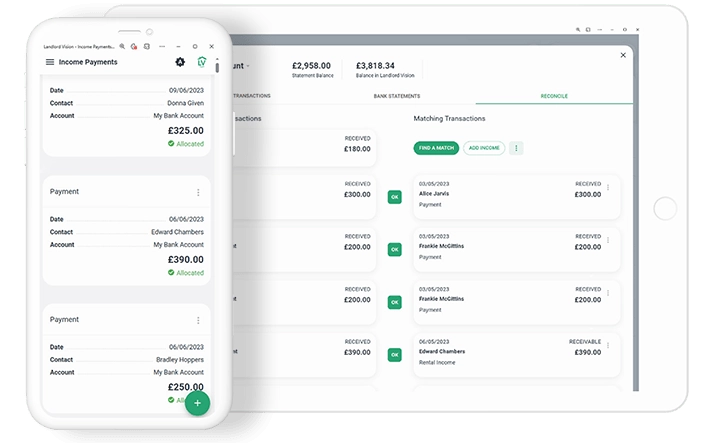 Bank reconciliation feature in Landlord Vision software shown on a software screenshot and income payments screenshot.