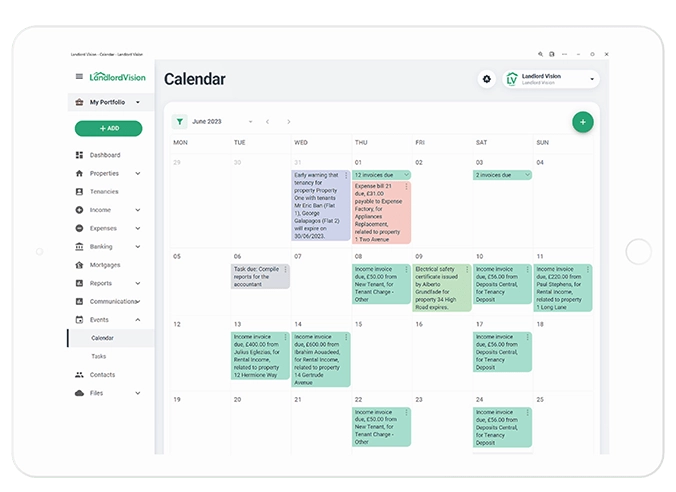 A screenshot of the Landlord Vision cashflow report in a tablet frame