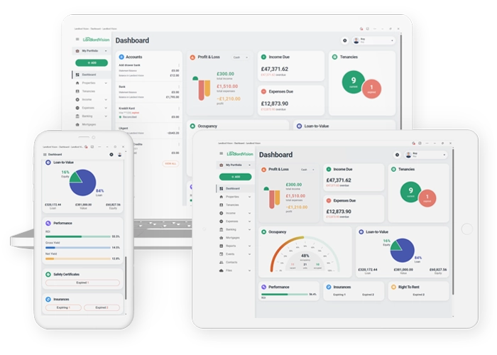 Screenshot of the Landlord Vision dashboard shown on mobile, a tablet, and a laptop.